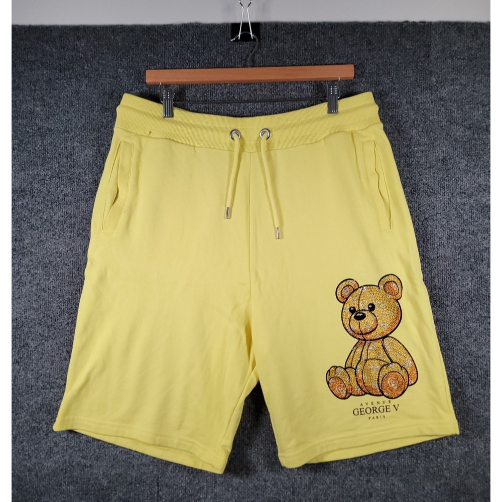 Avenue George V Paris Shorts Mens XL Yellow Rhinestone Teddy Bear Knit Designer